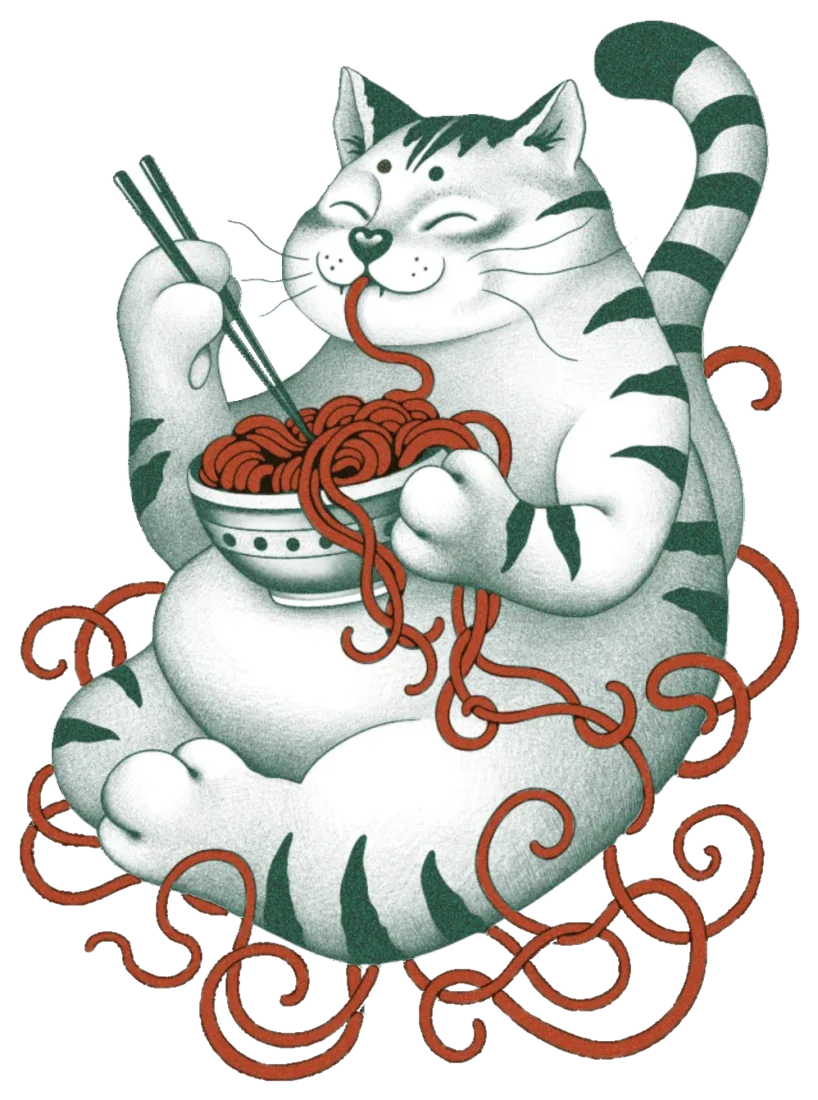 Mochi, a tabby cat happily eating noodles